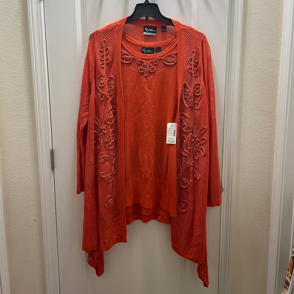 Embroidered Open-Front Orange Cardigan Set